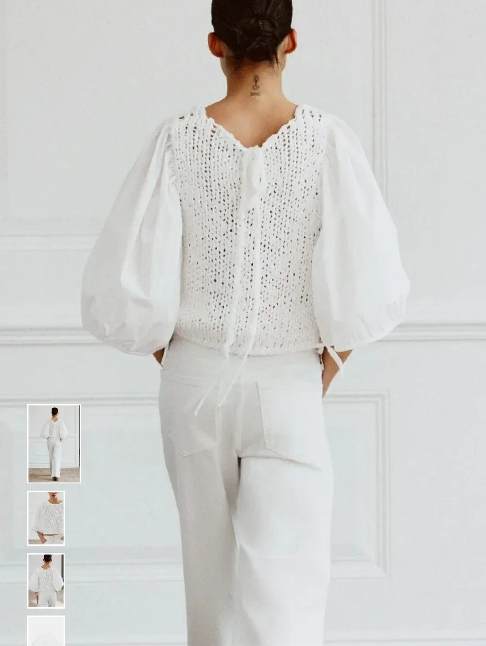 Zara White Crochet Knit Puff-Sleeve Top